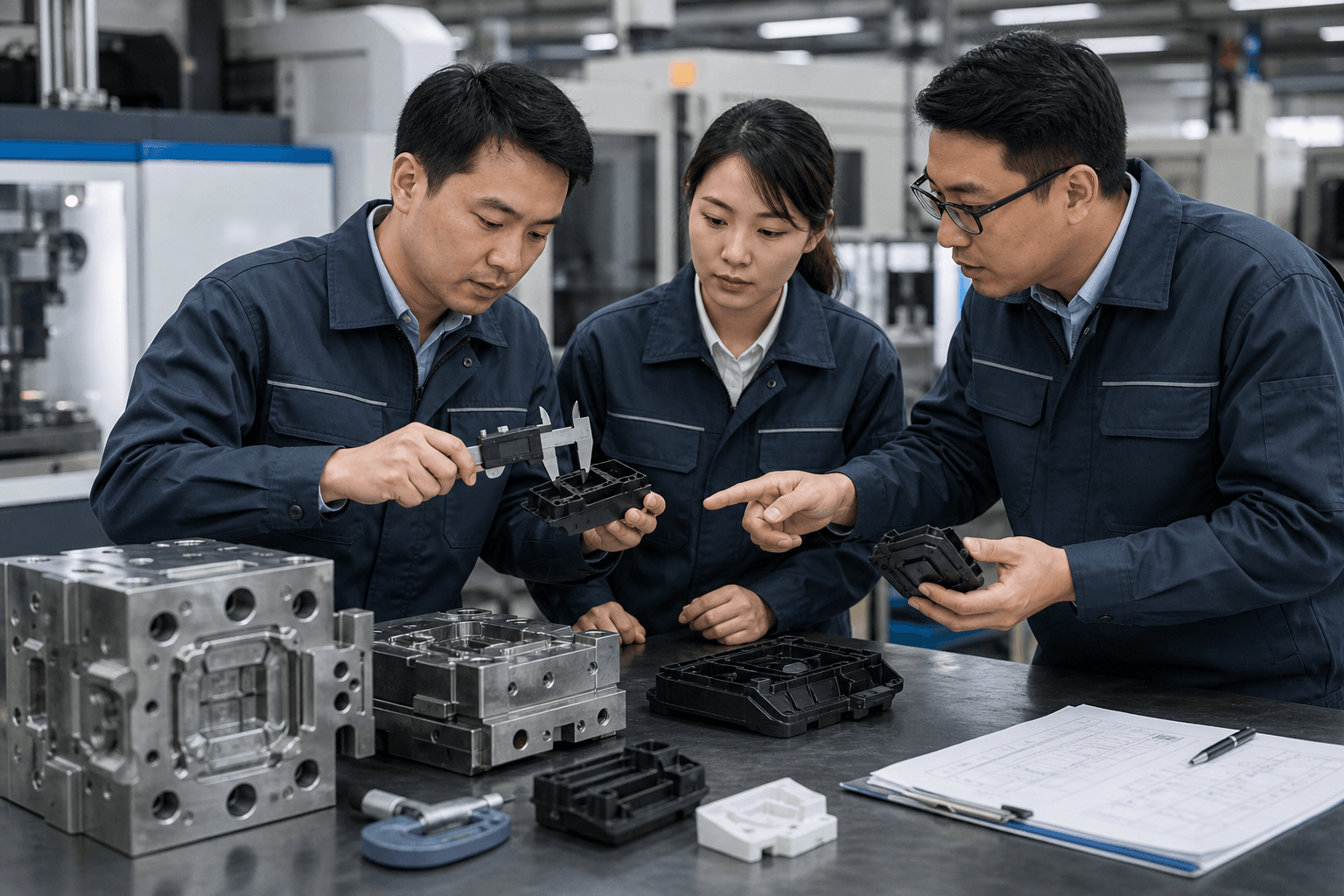 Engineering team reviewing molded parts and manufacturing workflow