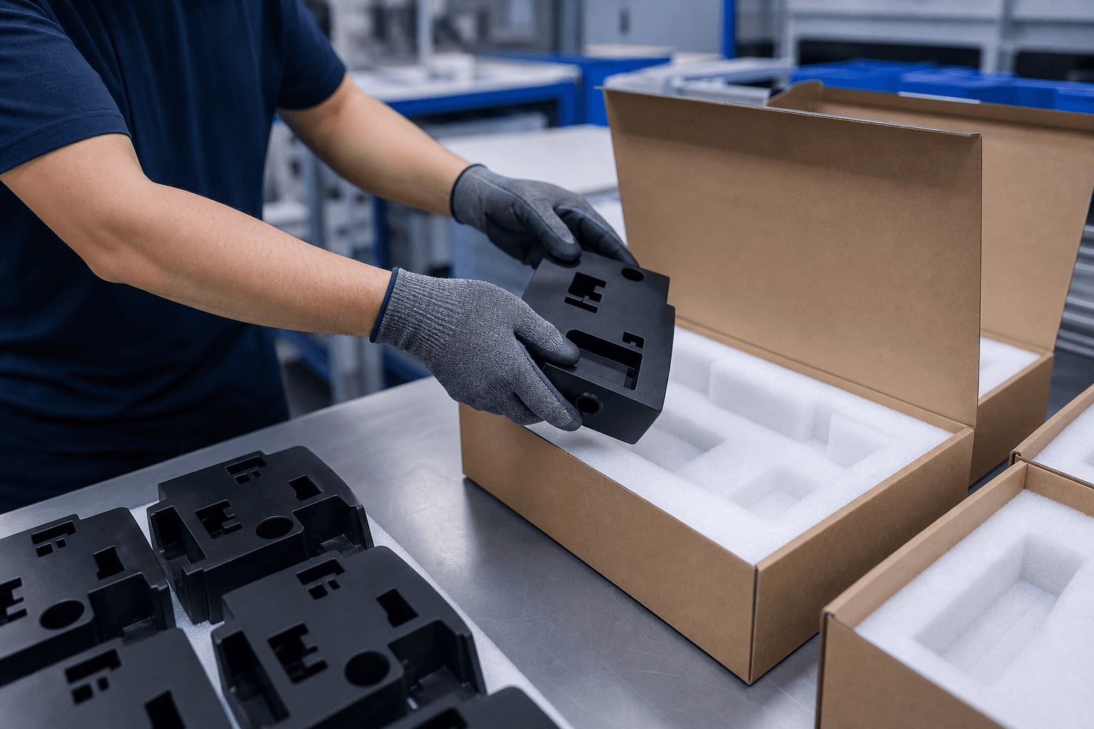 Protective packaging area for finished molded parts